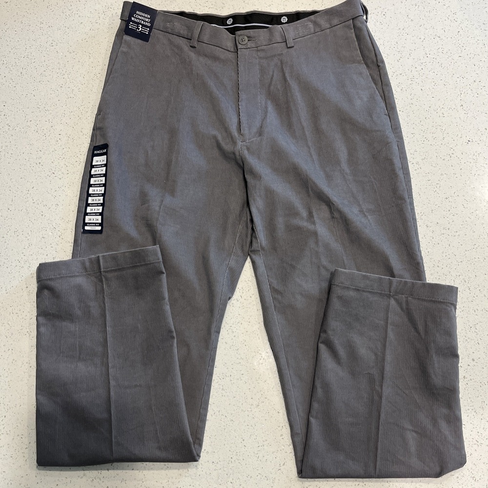 Haggar Pants Mens 38x34 Gray 5-Pocket Stretch Cord Straight Fit Premium NWT